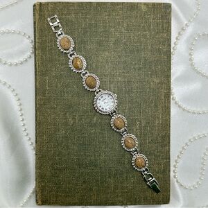 Vintage Silver Lee Sands Watch with Jasper Gemstone Band and Mother of Pearl Dia